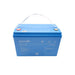 A photo of a blue Amptron 12v 150ah 200a lithium battery facing front on with a white background