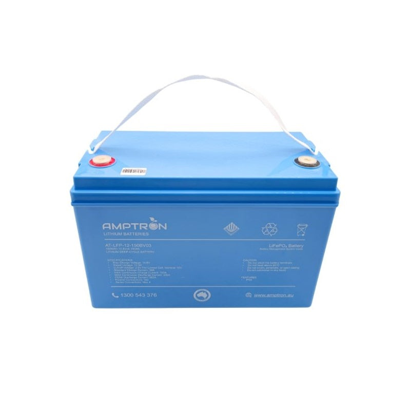 A photo of a blue Amptron 12v 150ah 200a lithium battery facing front on with a white background