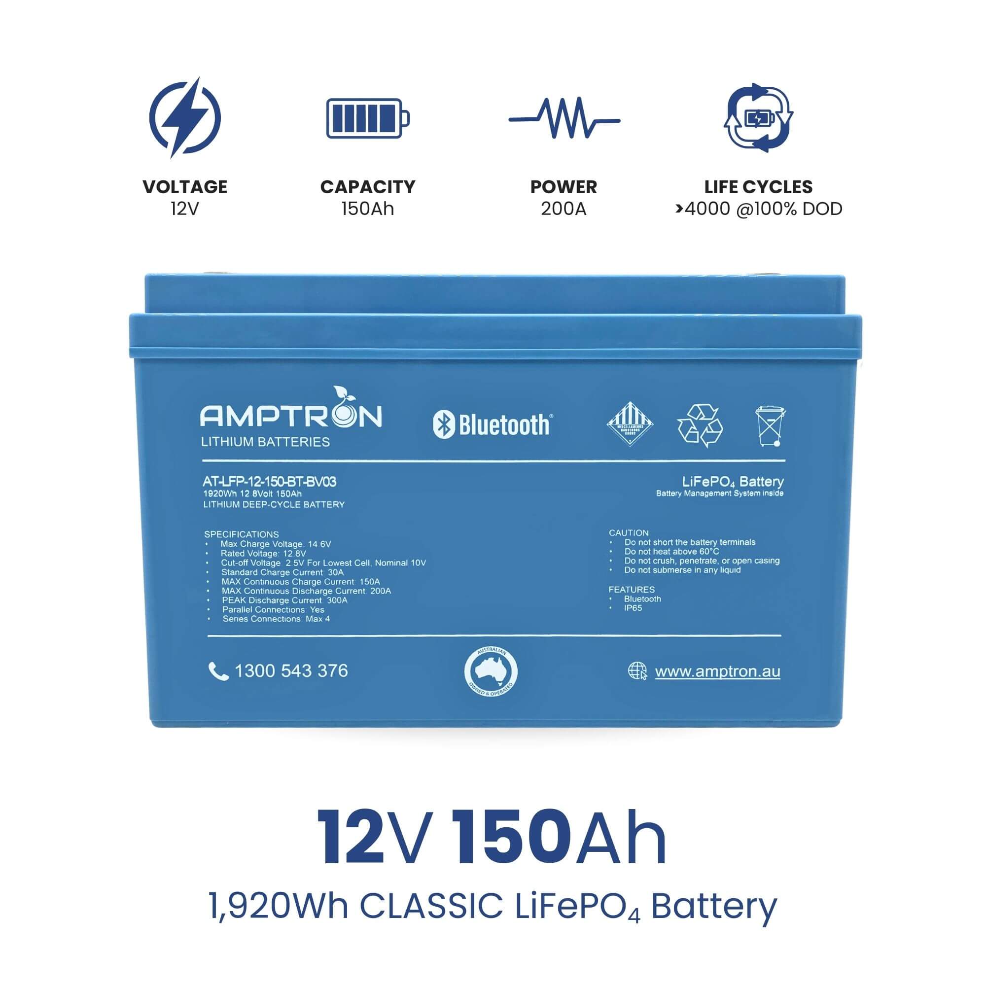 Amptron 12V 150Ah 200A Lithium Battery Highlightsin white background