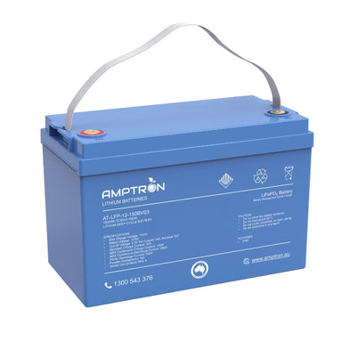A photo of a blue Amptron 12v 150ah 200a lithium battery on a slight angle with a white background