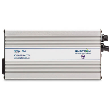 A photo of an Amptron 12V 15A ac-dc lithium battery charger facing front on with a whitebackground.