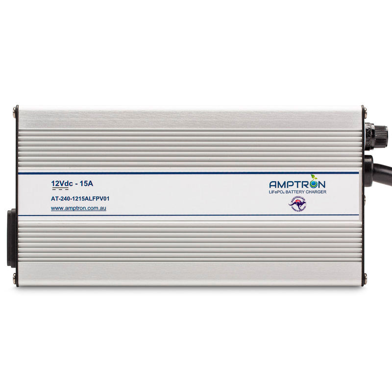 A photo of an Amptron 12V 15A ac-dc lithium battery charger facing front on with a whitebackground.