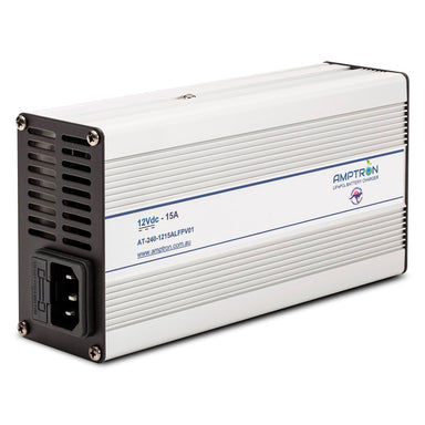 A photo of an Amptron 12V 15A ac-dc lithium battery charger facing slightly side on with a whitebackground.