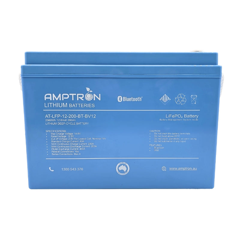A photo of a blue amptron 12v 200ah 200a lithium battery facing front on with a white background.