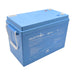 A photo of a blue amptron 12v 200ah 200a lithium battery facing slightly side on with a white background.