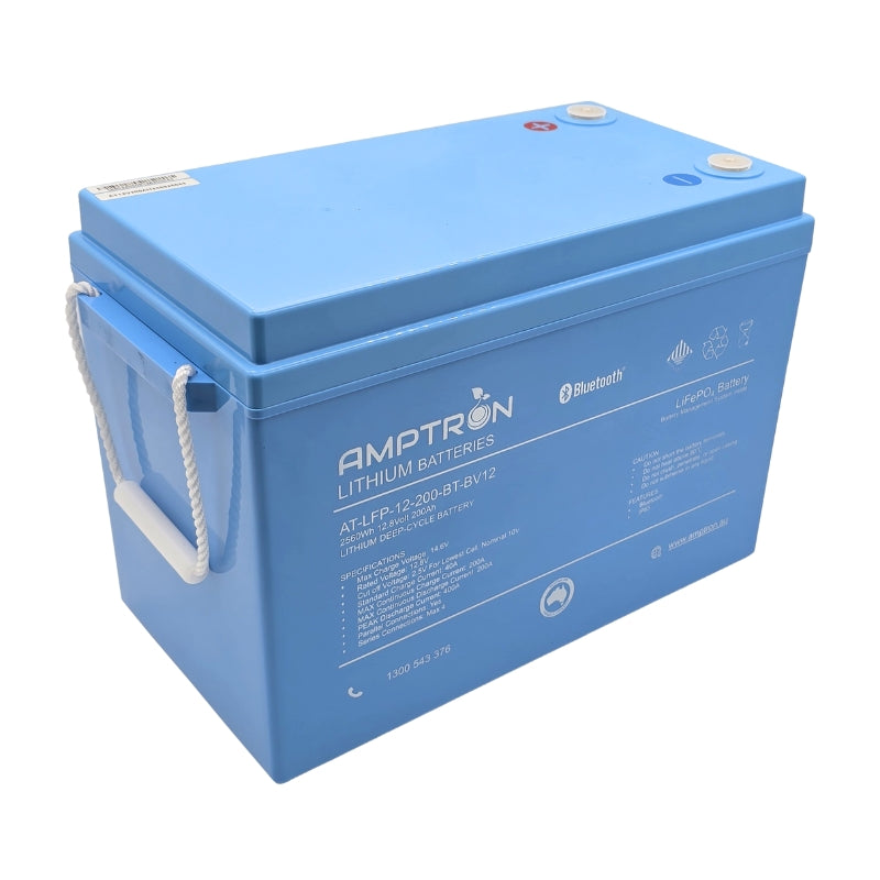 A photo of a blue amptron 12v 200ah 200a lithium battery facing slightly side on with a white background.