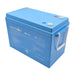 A photo of a blue amptron 12v 200ah 200a lithium battery facing side on with a white background.