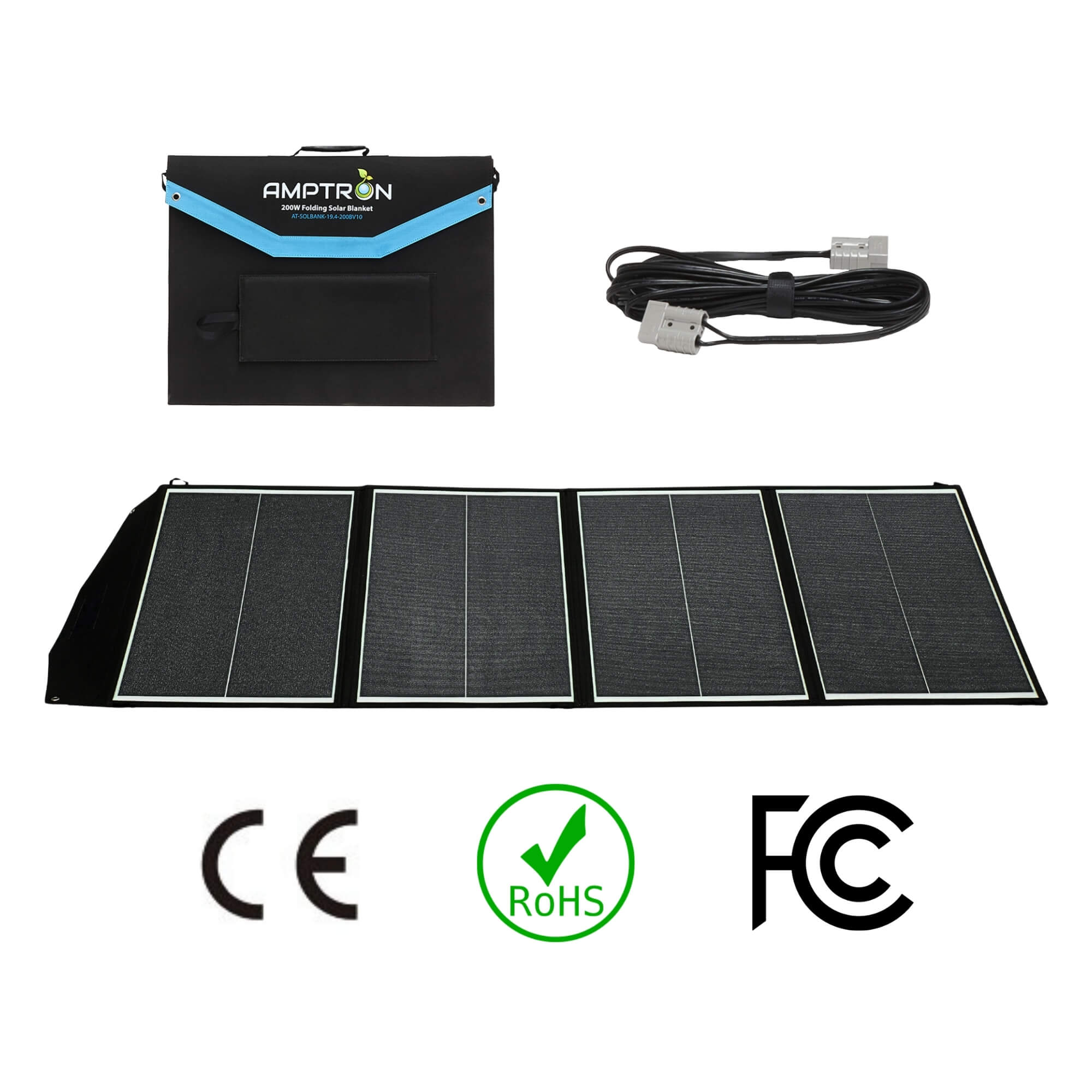 Amptron 12V 200W Portable Solar Blanket What's in the box on a white background