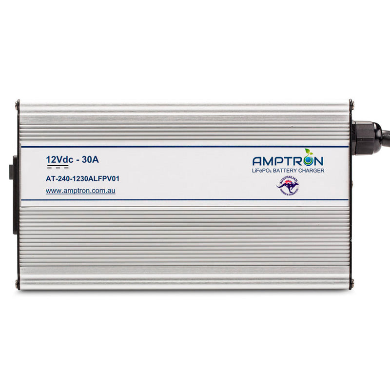 A photo of an Amptron 12V 30A ac-dc lithium battery charger facing front on with a white background.