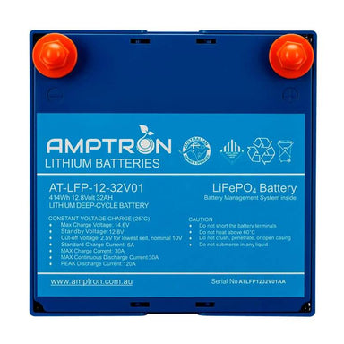 Amptron 12V 32Ah Battery and charger Front Photo on a white background