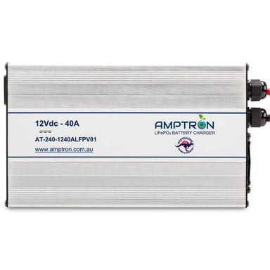 A photo of an Amptron 12V 40A ac-dc lithium battery charger facing front on with a white background.