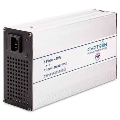 A photo of an Amptron 12V 40A ac-dc lithium battery charger slightly angled with a white background.