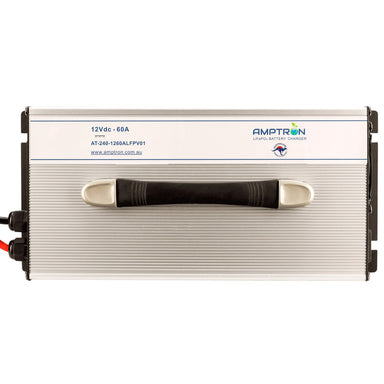 A photo of an Amptron 12V 60A AC-DC lithium battery facing front on with a white background.