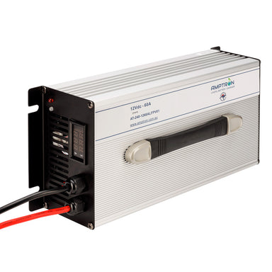 A photo of an Amptron 12V 60A AC-DC lithium battery facing slightly side on with a white background.