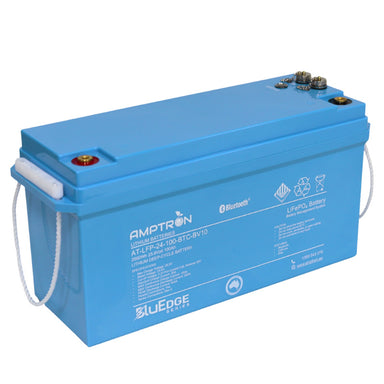 A photo of a blue amptron 24v 100ah 200a bluEdge lithium battery facing right side on with a white background.