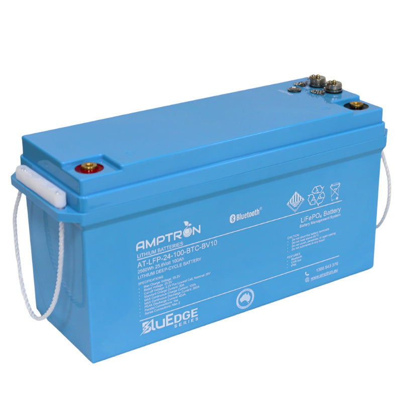 A photo of a blue amptron 24v 100ah 200a bluEdge lithium battery facing right side on with a white background.