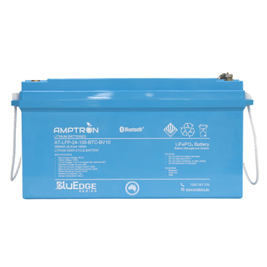 A photo of a blue amptron 24v 100ah 200a bluEdge lithium battery facing front on with a white background.