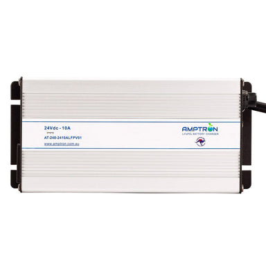 A photo of an Amptron 24V 10A ac-dc lithium battery charger facing front on with a white background.