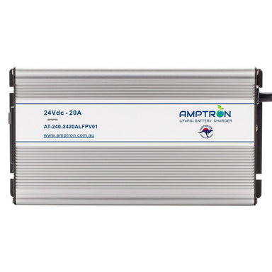 A photo of an Amptron 24V 20A ac-dc lithium battery facing front on with a white background.