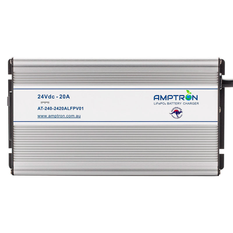 A photo of an Amptron 24V 20A ac-dc lithium battery facing front on with a white background.