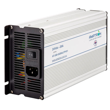 A photo of an Amptron 24V 20A ac-dc lithium battery on a slight angle with a white background.