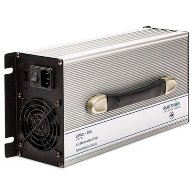 A photo of an amptron 24v 40a ac-dc battery charger on a slight angle with a white background.