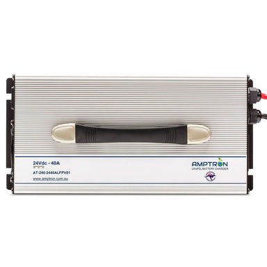 A photo of an amptron 24v 40a ac-dc battery charger facing forward with a white background.