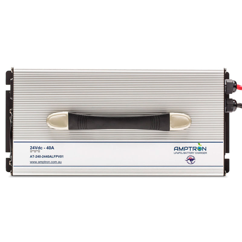 A photo of an amptron 24v 40a ac-dc battery charger facing forward with a white background.