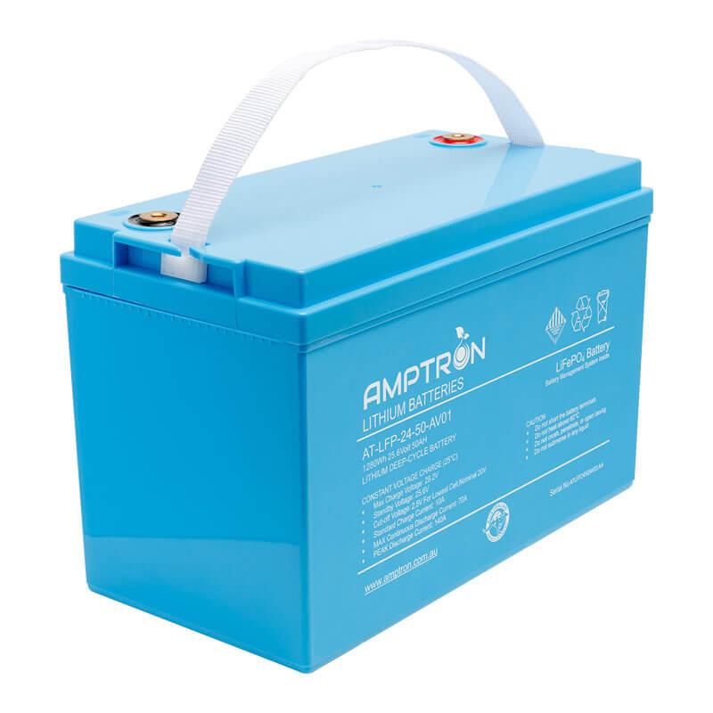 Amptron 24V 50Ah 70A Lithium Batter Angled to the Right on a white background