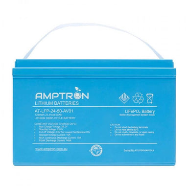 Amptron 24V 50Ah Lithium Battery Front Photo on a white background