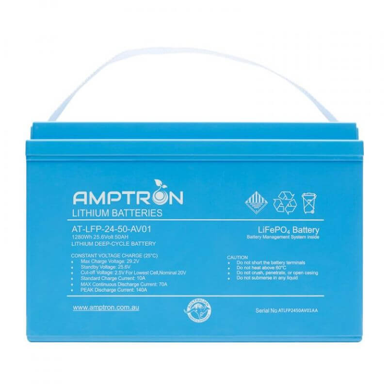 Amptron 24V 50Ah Lithium Battery Front Photo on a white background