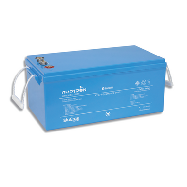 A photo of an Amptron 24V BluEdge 200ah 200a lithium battery on a slight angle with a white background