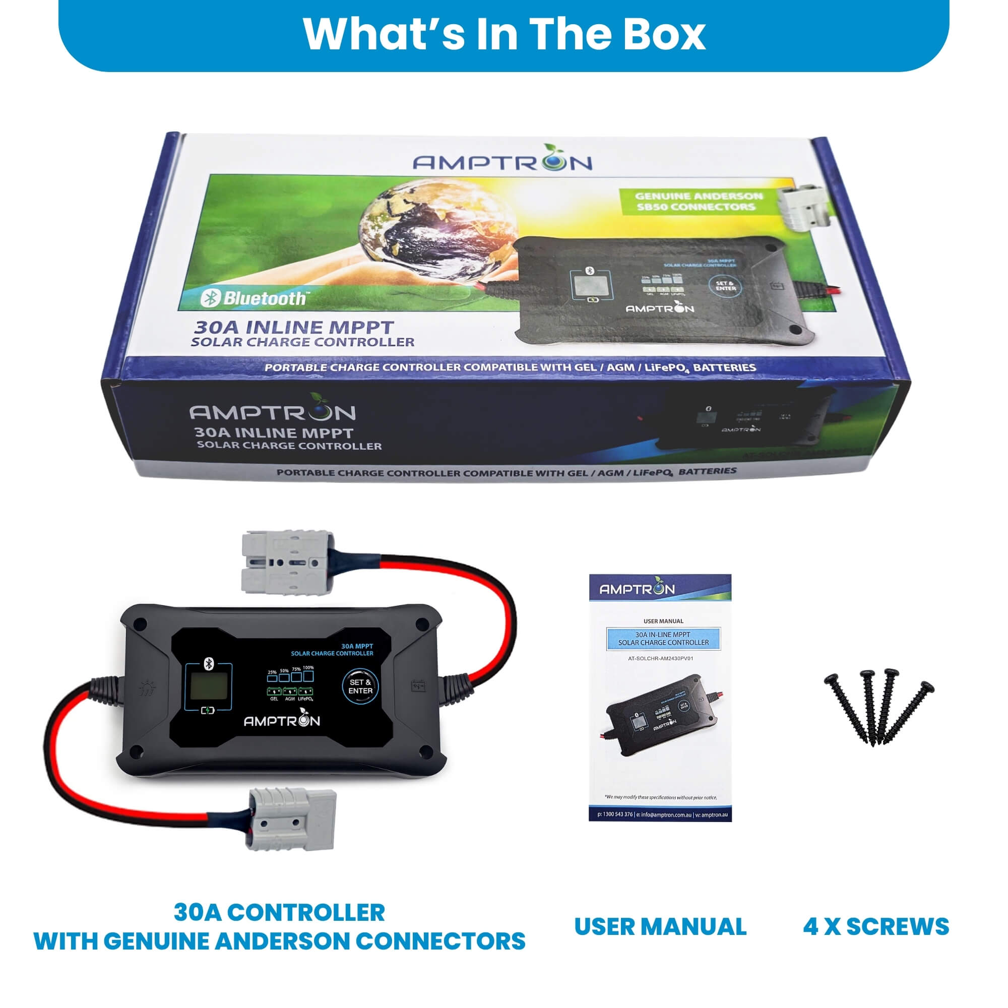 in the image an Amptron 30A MPPT Solar Controller package contents