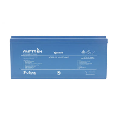 A photo of an Amptron 36V 100Ah 100A bluEdge lithium battery front on with a white background.