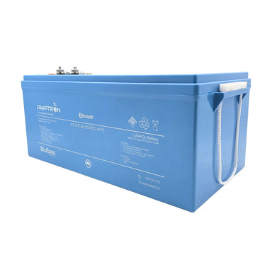 A photo of an Amptron 36V 100Ah 100A bluEdge lithium battery on a left side angle with a white background.