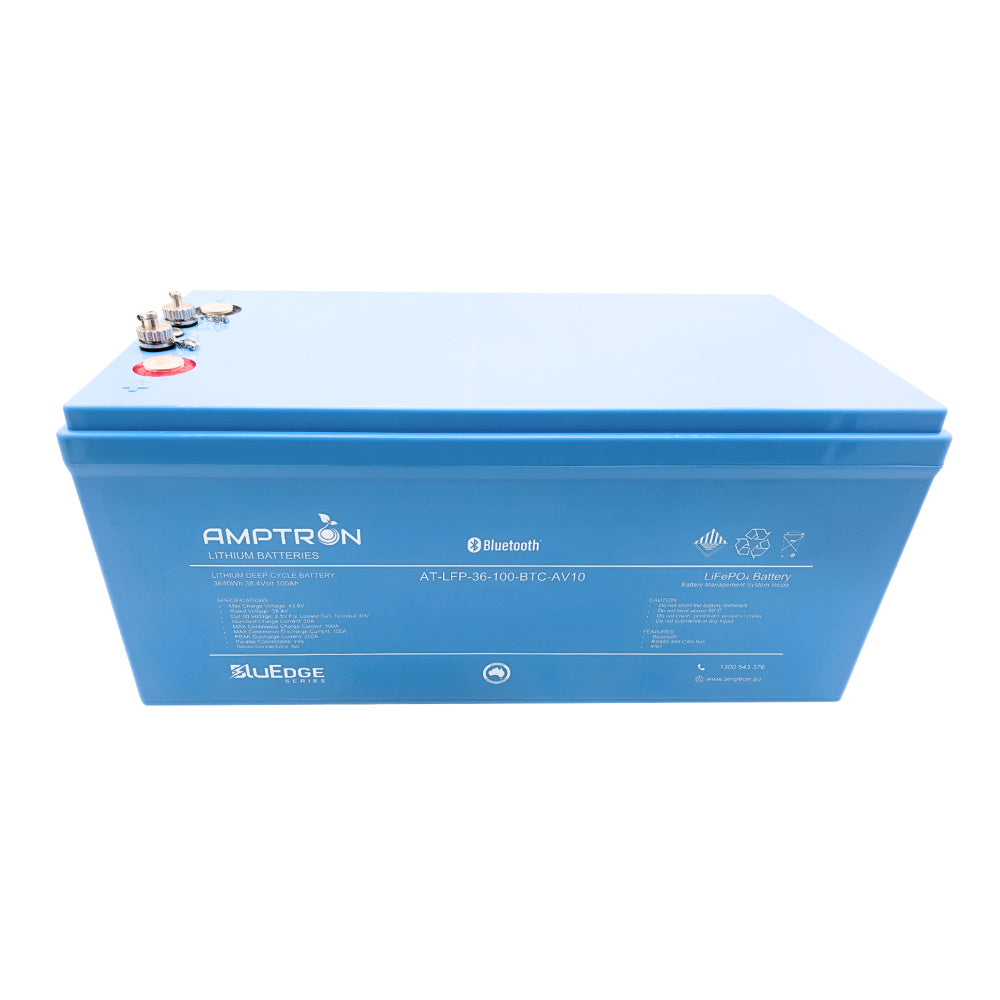 A photo of an Amptron 36V 100Ah 100A bluEdge lithium battery top view with a white background.