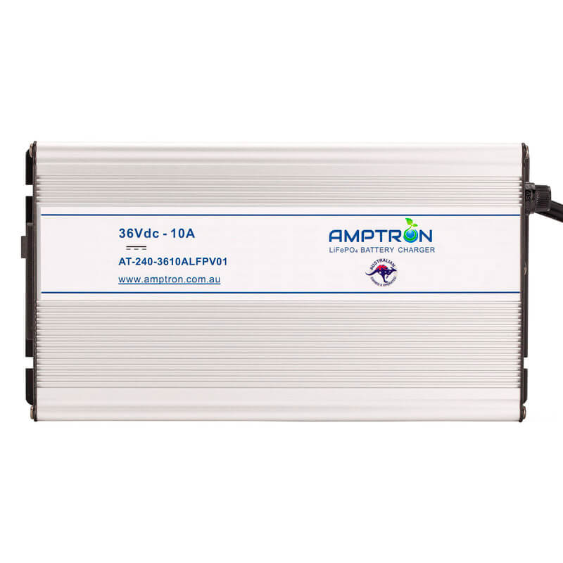 Amptron 36V 10A AC-DC Battery Charger Front Photo on a white background