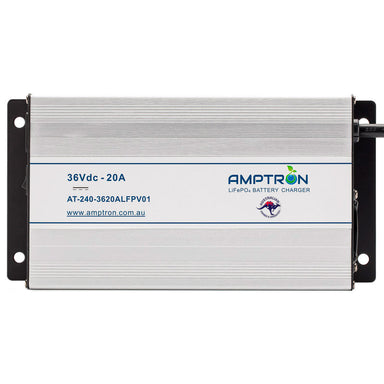 A photo of an Amptron 36V 20A ac-dc lithium battery charger facing front on with a white background.