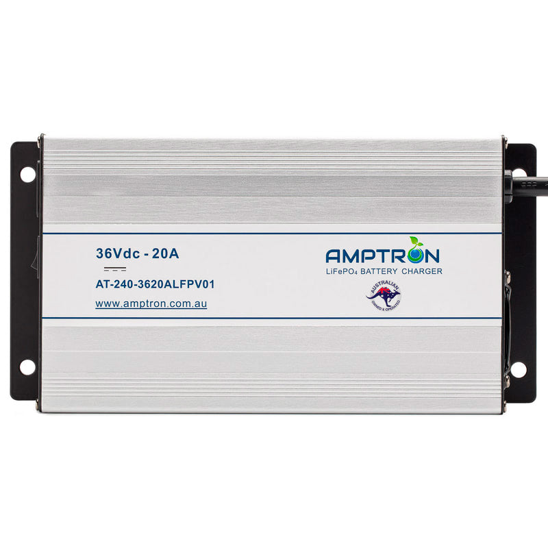 A photo of an Amptron 36V 20A ac-dc lithium battery charger facing front on with a white background.