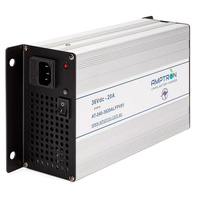 A photo of an Amptron 36V 20A ac-dc lithium battery charger facing slightly side on with a white background.