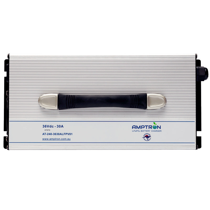 A photo of an Amptron 36V 30A AC-DC battery charger facing front on with a white background.