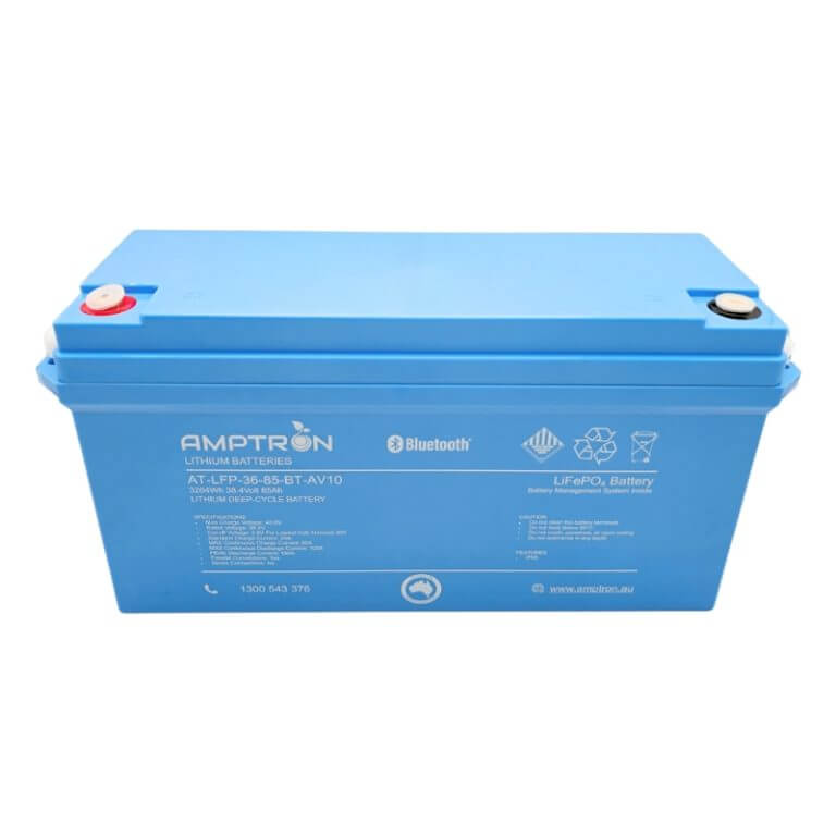Back of Amptron 36V 85Ah 100A Lithium Battery blue on a white background