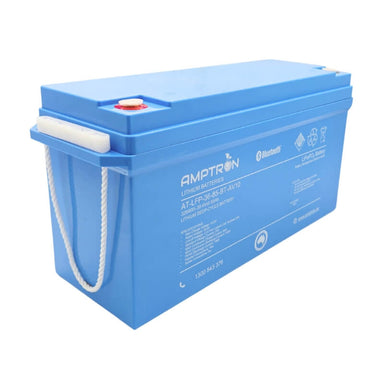 In the photo a Amptron 36V 85Ah Lithiium Battery Blue on a white background
