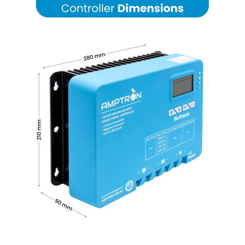 Amptron 40A Solar Charge Controller Angled Photo with Measurements on a white background