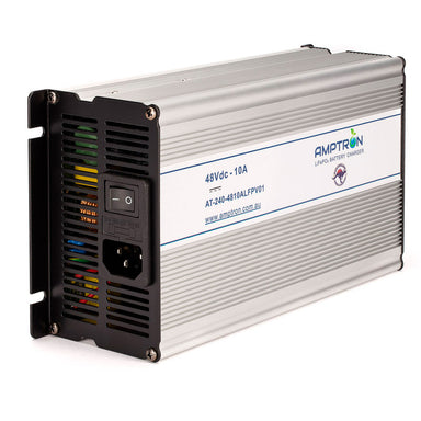 A photo of an Amptron 48V 10A AC-DC Battery Charger on a slight angle with a white background.