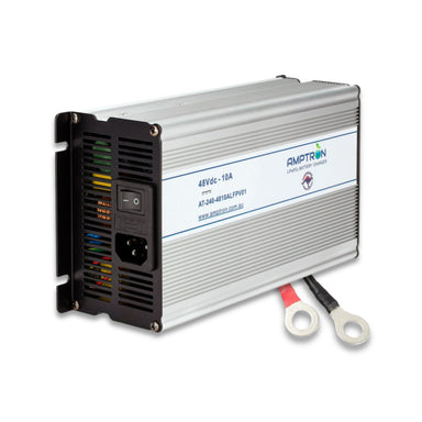 A photo of an Amptron 48V 10A AC-DC Battery Charger slightly angled with a white background.