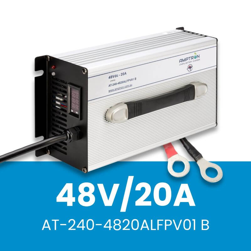 Amptron 48V 20A AC-DC Battery Charger Angled to the Left on a white and blue background