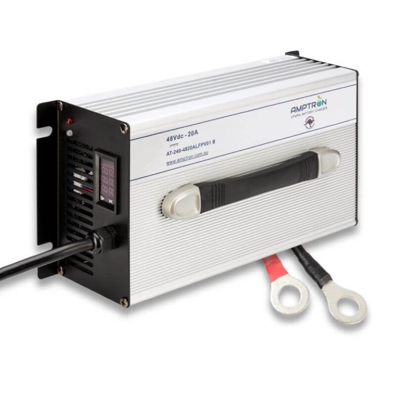 Amptron 48V 20A Charger Angled Photo on a white background