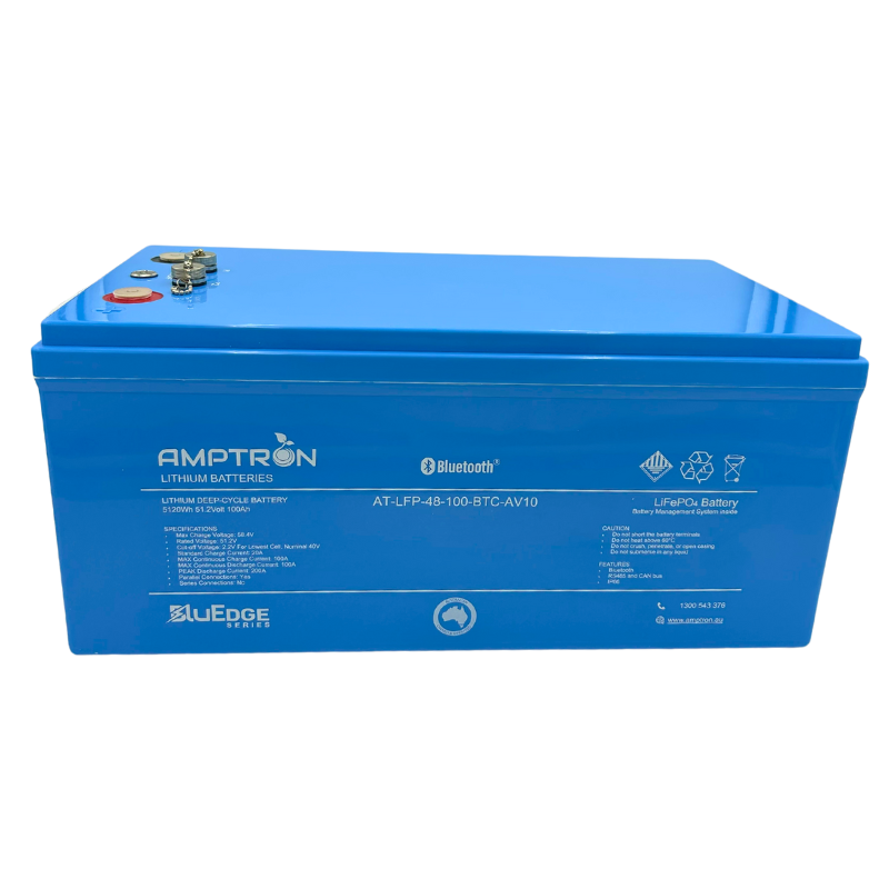 A photo of an Amptron 48V BluEdge 100ah 100a lithium battery facing front on with a white background.