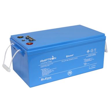 A photo of an Amptron 48V BluEdge 100ah 100a lithium battery facing side on with a white background.